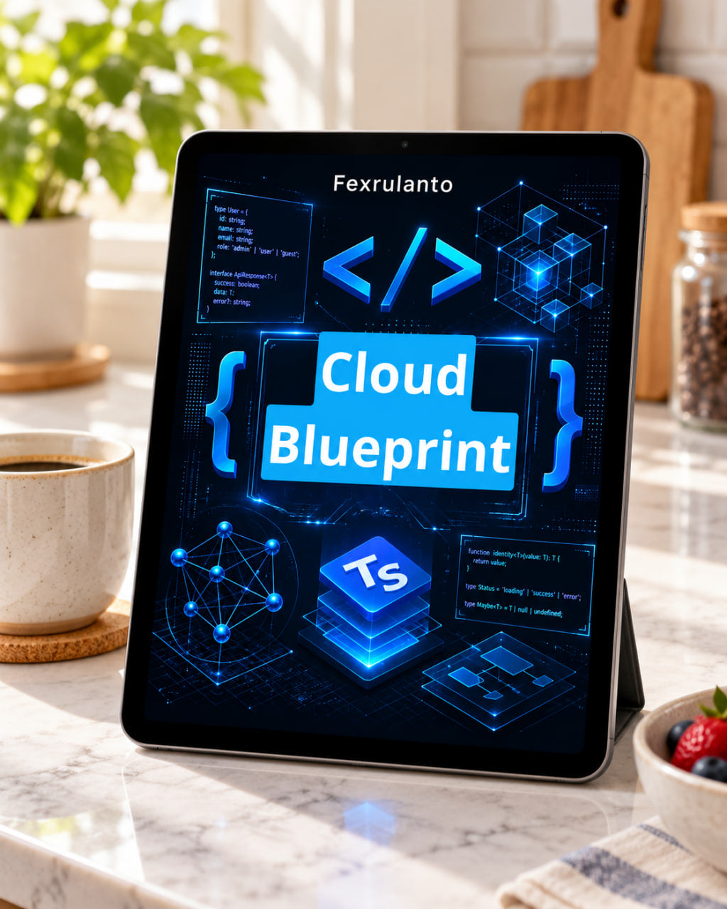 A tablet on a kitchen counter displaying a digital cover titled 'Cloud Blueprint' with code and TypeScript graphics. The scene includes a coffee cup, plant, and fruit in a bright kitchen setting.