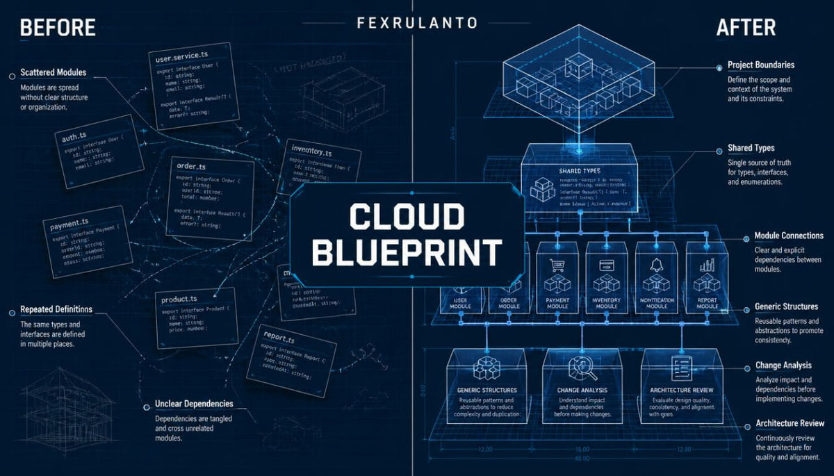 A dark blue digital infographic titled 'CLOUD BLUEPRINT' comparing 'BEFORE' and 'AFTER' states, with technical architecture diagrams, boxes, and labeled components on a navy background.