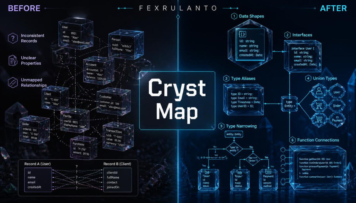 A digital infographic titled 'Cryst Map' by Fexrulanto , showing a before-and-after comparison of database schema organization, with glowing blue 3D cubes, tables, and relationships on a dark background.