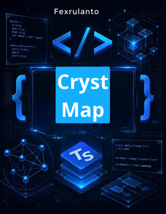 Digital cover graphic for 'Cryst Map' by Fexrulanto, featuring a central blue title block with code-style syntax and interface elements on a dark blue tech-themed background.