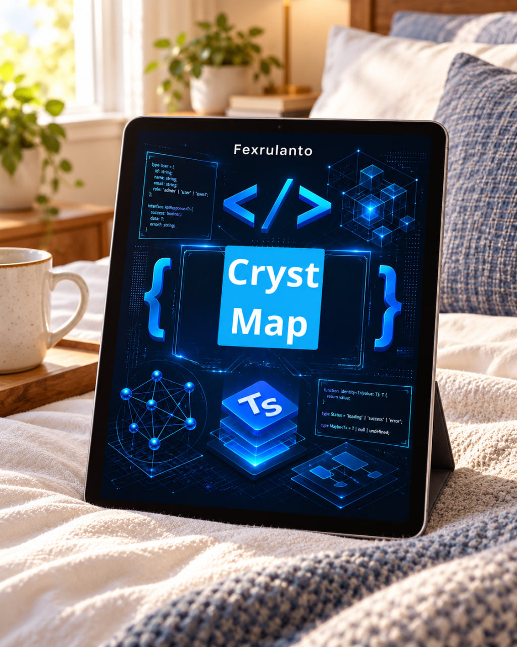 A tablet propped on a bed in a bedroom setting, displaying a glowing blue digital interface with the text 'Fexrulanto ' and 'Cryst Map'.