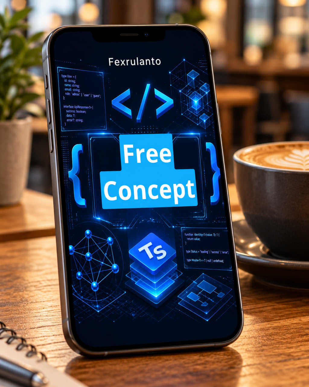 A smartphone standing on a wooden table in a cafe setting, displaying a digital design template or app interface with the text 'Free Concept' and 'Fexrulanto ' on the screen.