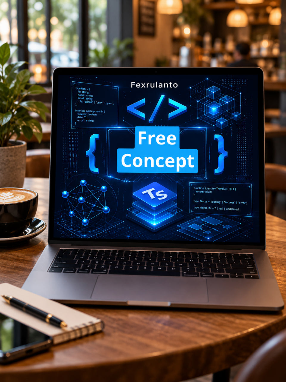 A silver laptop sits on a wooden table in a cafe setting, displaying a futuristic blue digital interface with the text 'Fexrulanto ' and 'Free Concept' on the screen. A notebook, pen, and coffee cup are visible on the table, with a softly blurred cafe interior in the background.