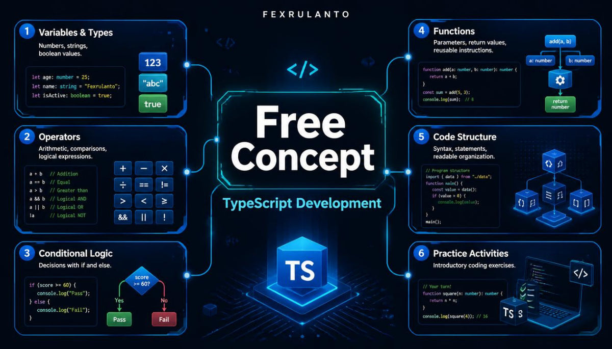 A digital promotional graphic for a TypeScript development course titled 'Free Concept' by Fexrulanto . The design features a dark blue and black background with glowing blue circuit board lines and six labeled panels detailing topics like variables and types, operators, conditional logic, functions, code structure, and practice activities.