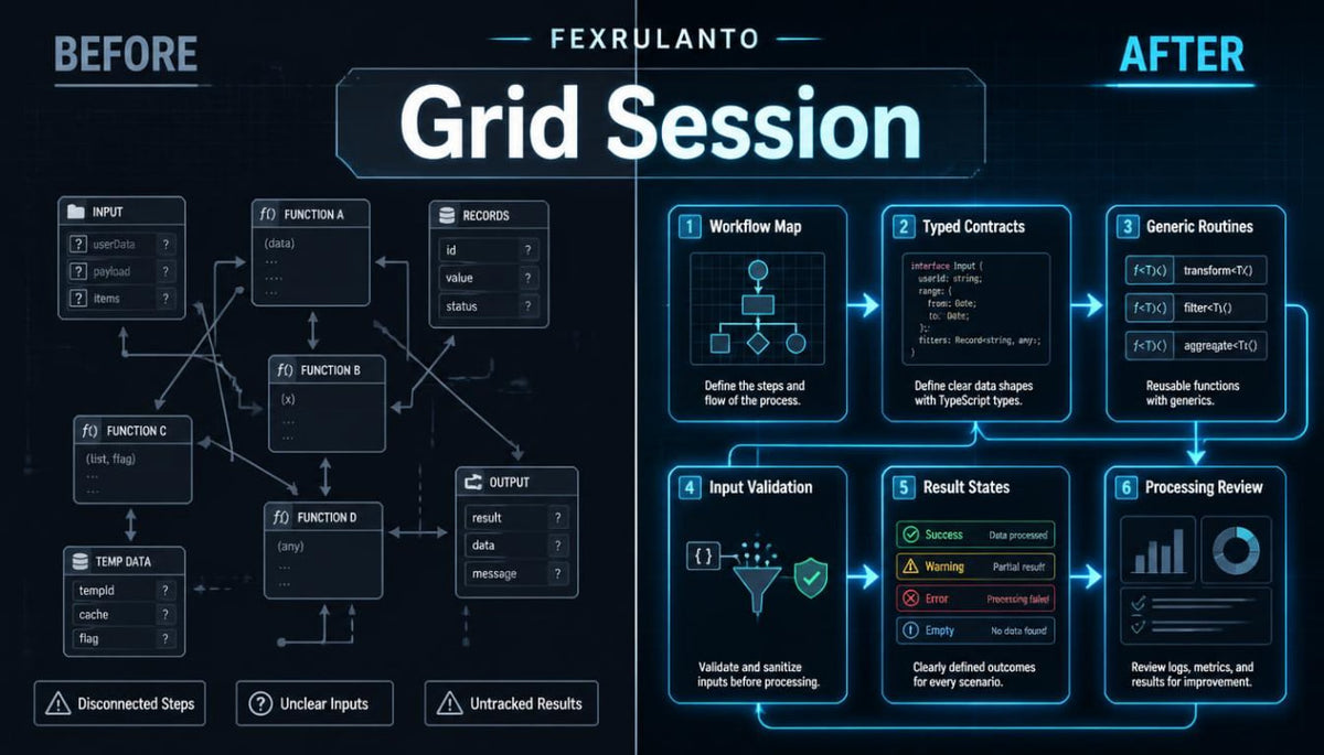 A dark-themed infographic titled 'Grid Session' with 'BEFORE' and 'AFTER' sections, showing a workflow diagram and labeled panels such as Workflow Map, Typed Contracts, Generic Routines, Input Validation, Result States, and Processing Review.