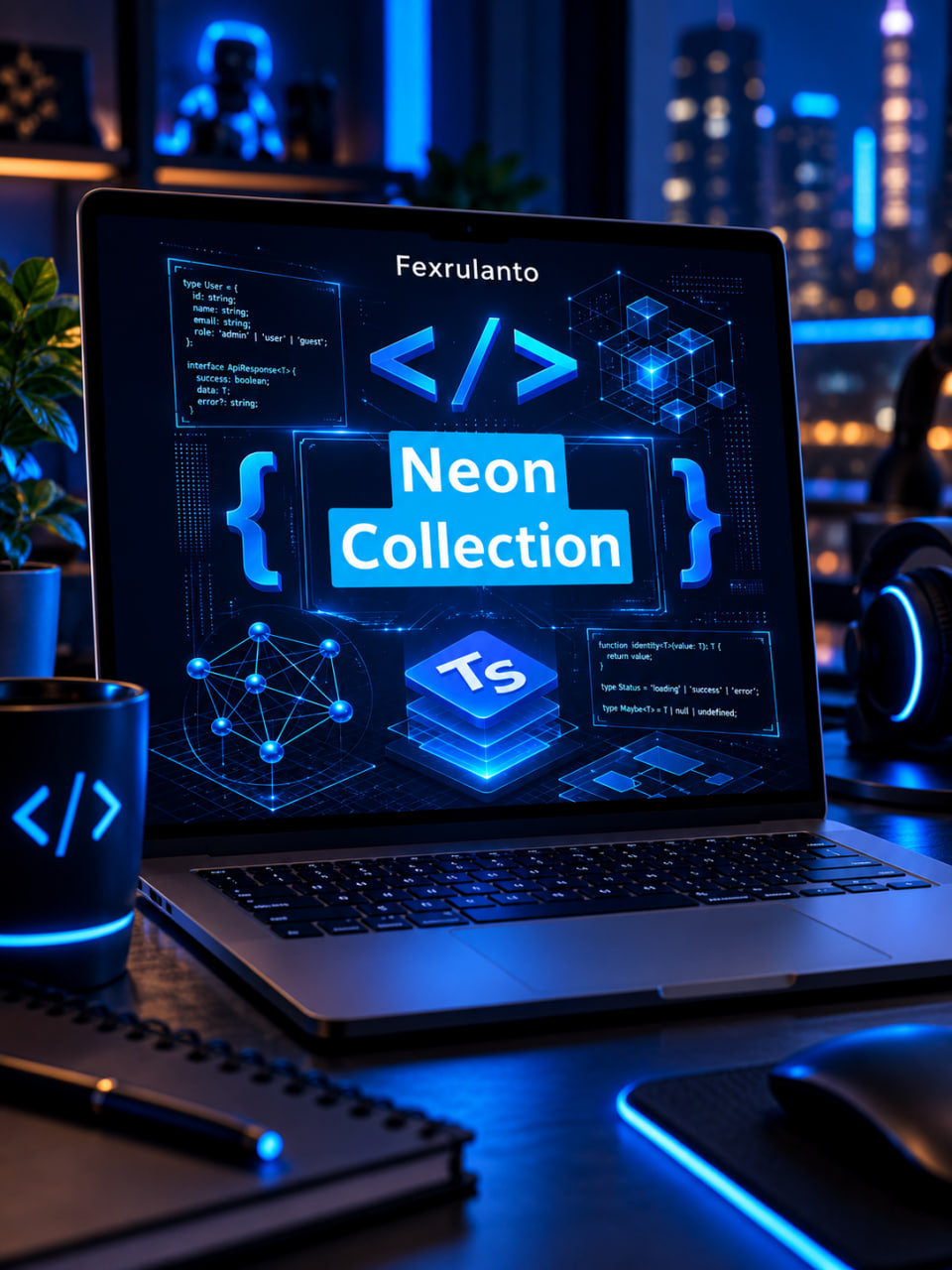 A laptop on a desk displaying a glowing blue 'Neon Collection' interface, surrounded by a notebook, pen, mouse, and headphones in a dark, tech-themed room with blue ambient lighting.