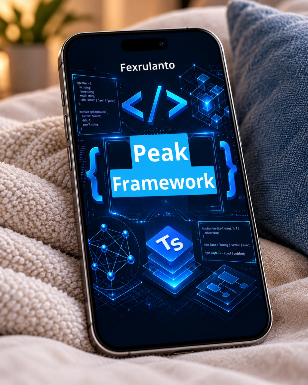 A smartphone lying on a soft beige knit blanket beside a blue-gray pillow, displaying a glowing blue tech-themed interface with the text 'Fexrulanto ' and 'Peak Framework'.