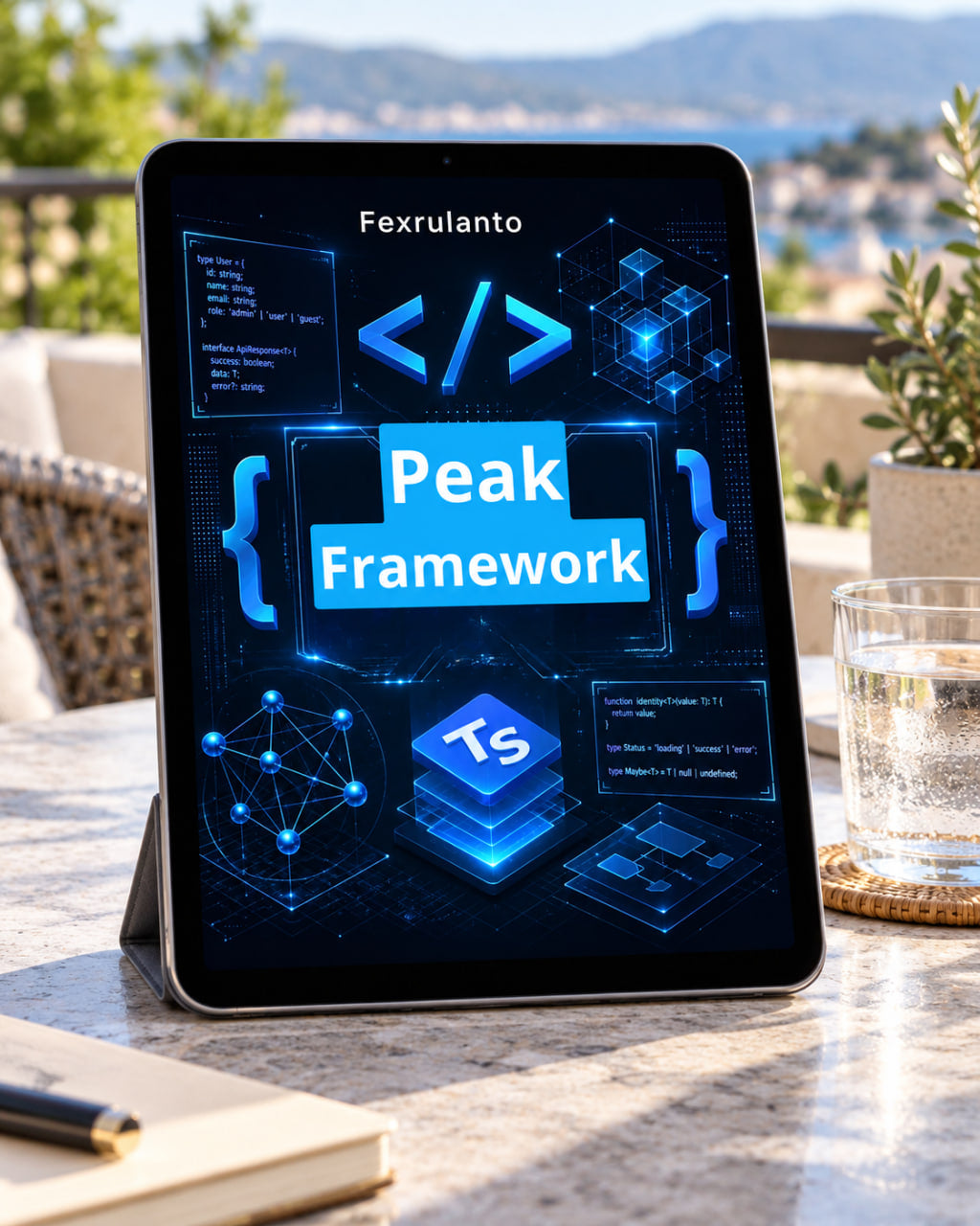 A tablet device on a stone table outdoors, displaying a futuristic blue digital interface with the text 'Peak Framework' and 'Fexrulanto ' at the top. A glass of water, notebook, and wicker chair are visible in the background.