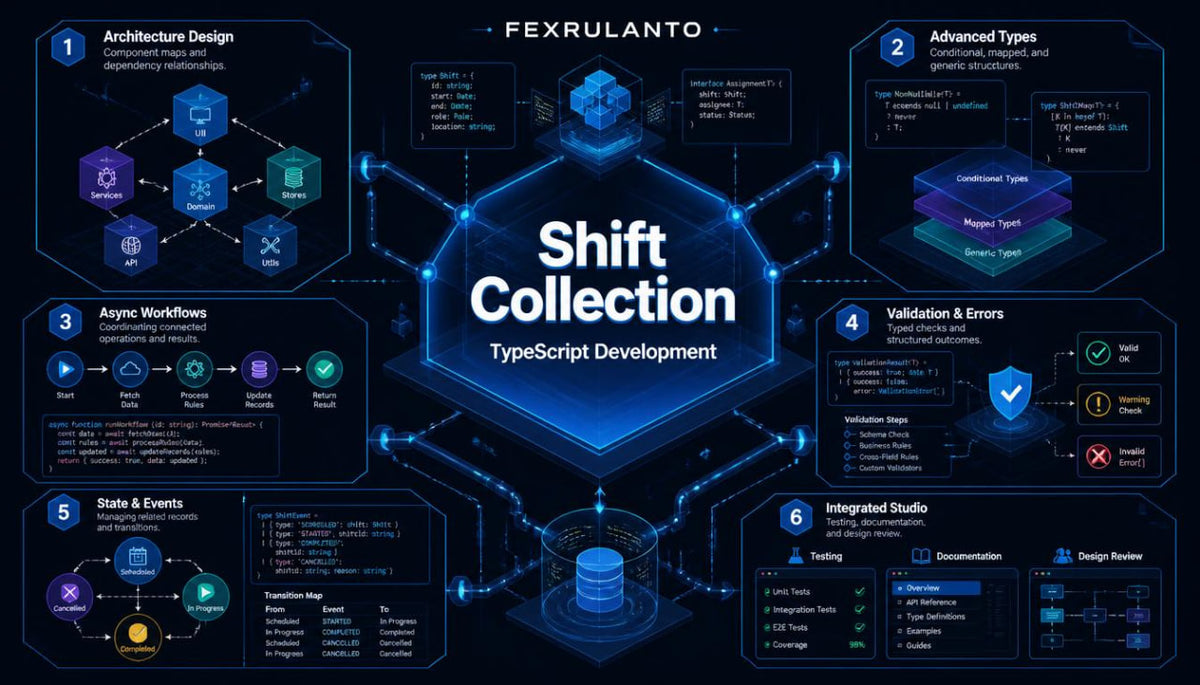 A digital infographic titled 'Shift Collection TypeScript Development' by Fexrulanto , featuring a central glowing blue hexagon surrounded by six numbered panels detailing TypeScript development concepts like architecture design, advanced types, async workflows, validation & errors, state & events, and integrated studio tools on a dark navy background.