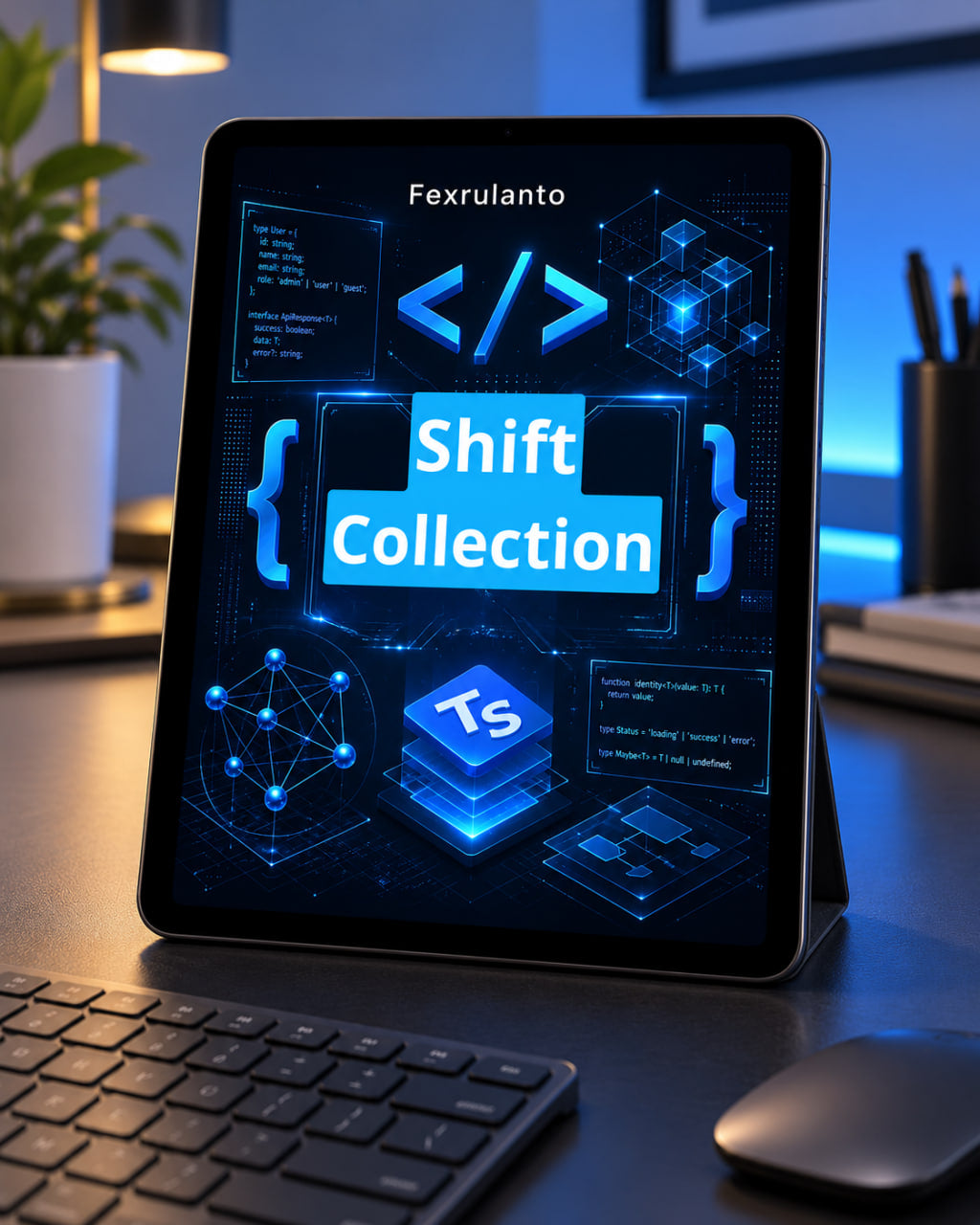 A tablet on a desk stand displaying a digital cover titled 'Shift Collection' with code-themed graphics, set in a modern home office environment with a keyboard, mouse, and plant in the background.