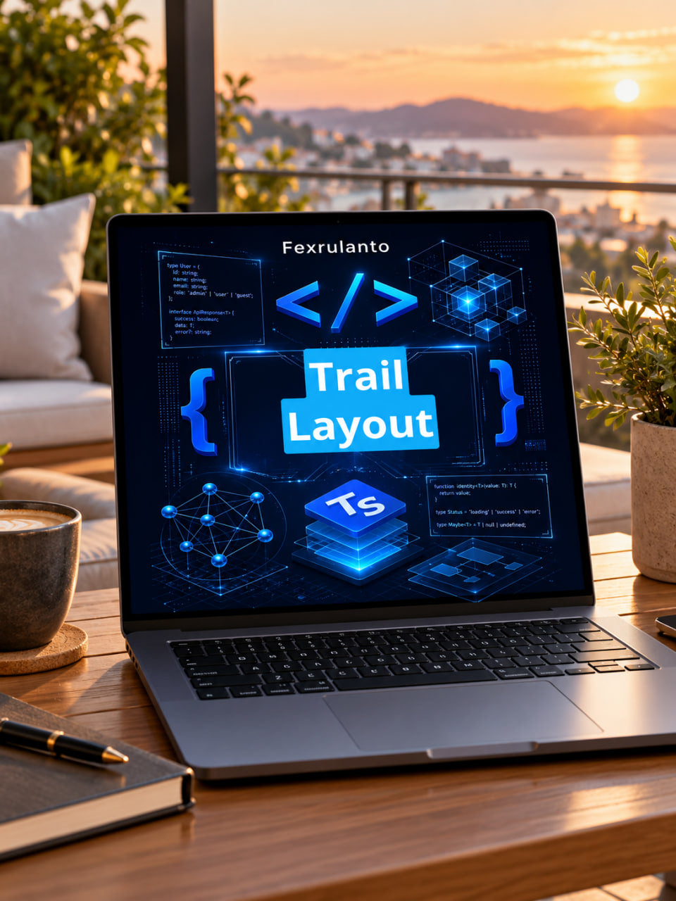 A laptop on a wooden desk displaying a blue digital interface with the text 'Trail Layout' and a TypeScript logo, set in a warm, sunlit room with a couch, plants, and a sunset view in the background.