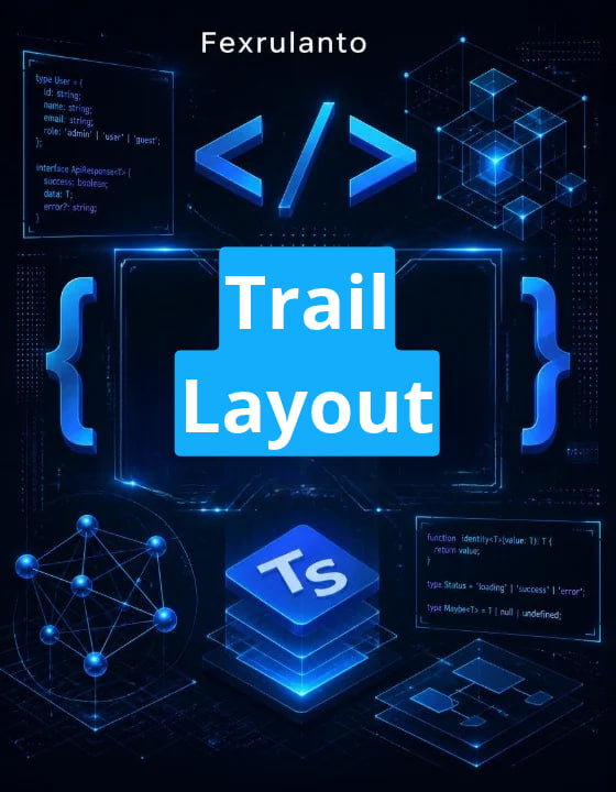 Digital graphic with the text 'Fexrulanto ' at the top and 'Trail Layout' in large blue letters over a central bracket icon, surrounded by glowing blue tech elements including code snippets, a Ts logo, and abstract circuit-like graphics on a dark background.