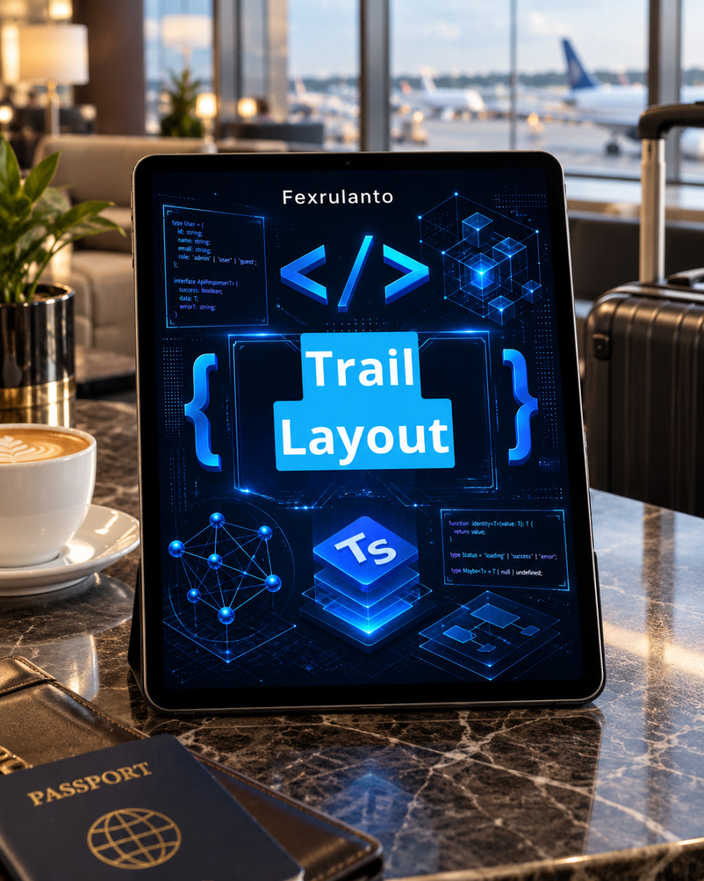 A tablet on a marble countertop in a hotel or airport setting, displaying a blue digital interface with the text 'Trail Layout' and 'Fexrulanto '. A passport, coffee cup, and suitcase are visible nearby.