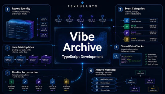 A dark blue digital infographic titled 'Vibe Archive TypeScript Development' by Fexrulanto , showing six labeled sections with diagrams, icons, and text blocks related to software architecture and development workflows.