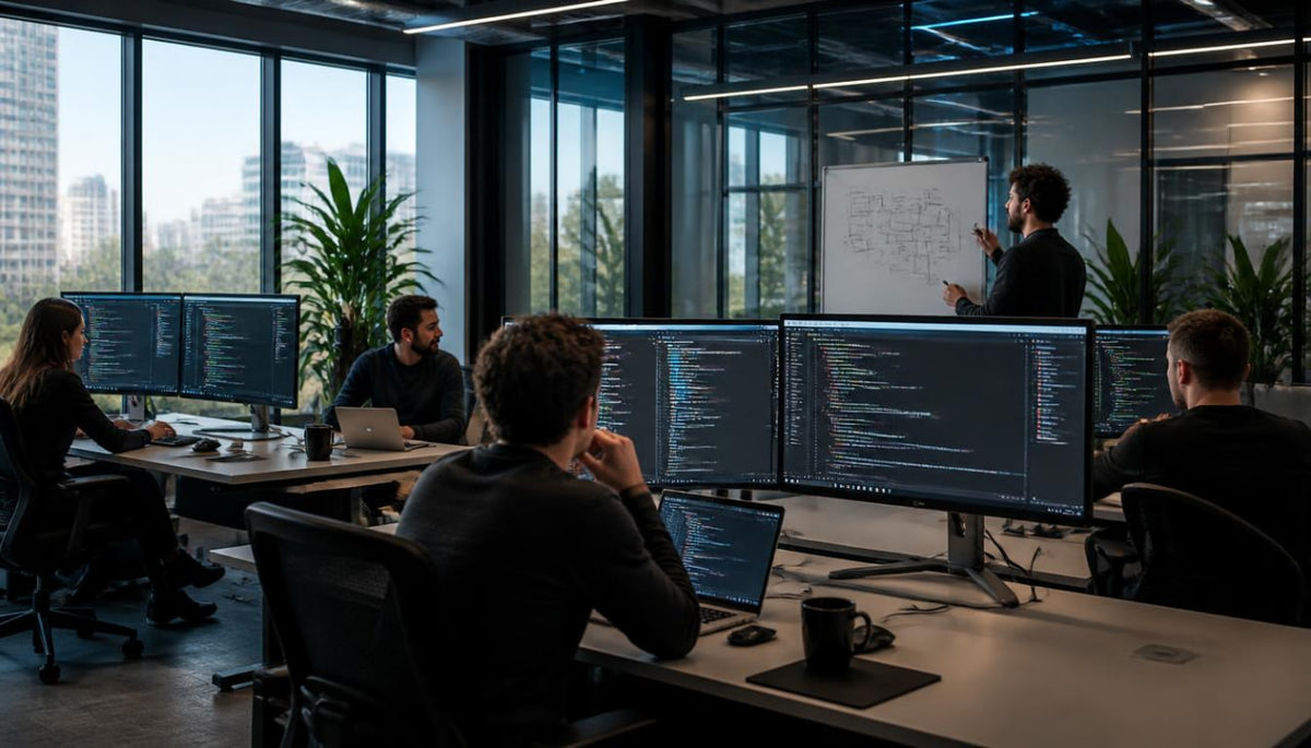 A modern office workspace with several developers seated at desks surrounded by multi-monitor computer setups, with one person standing near a whiteboard in a glass-walled room. Large windows show an urban skyline outside.