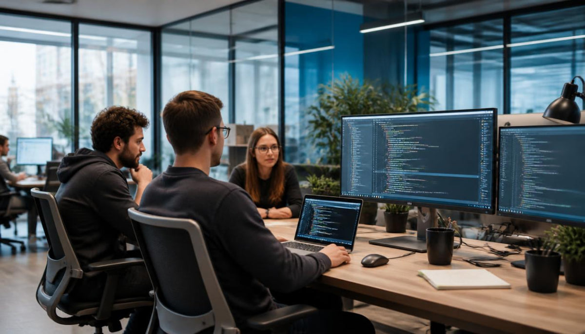 Three people collaborating at a modern office desk with dual computer monitors displaying code, laptops, and office chairs in a bright, contemporary workspace.