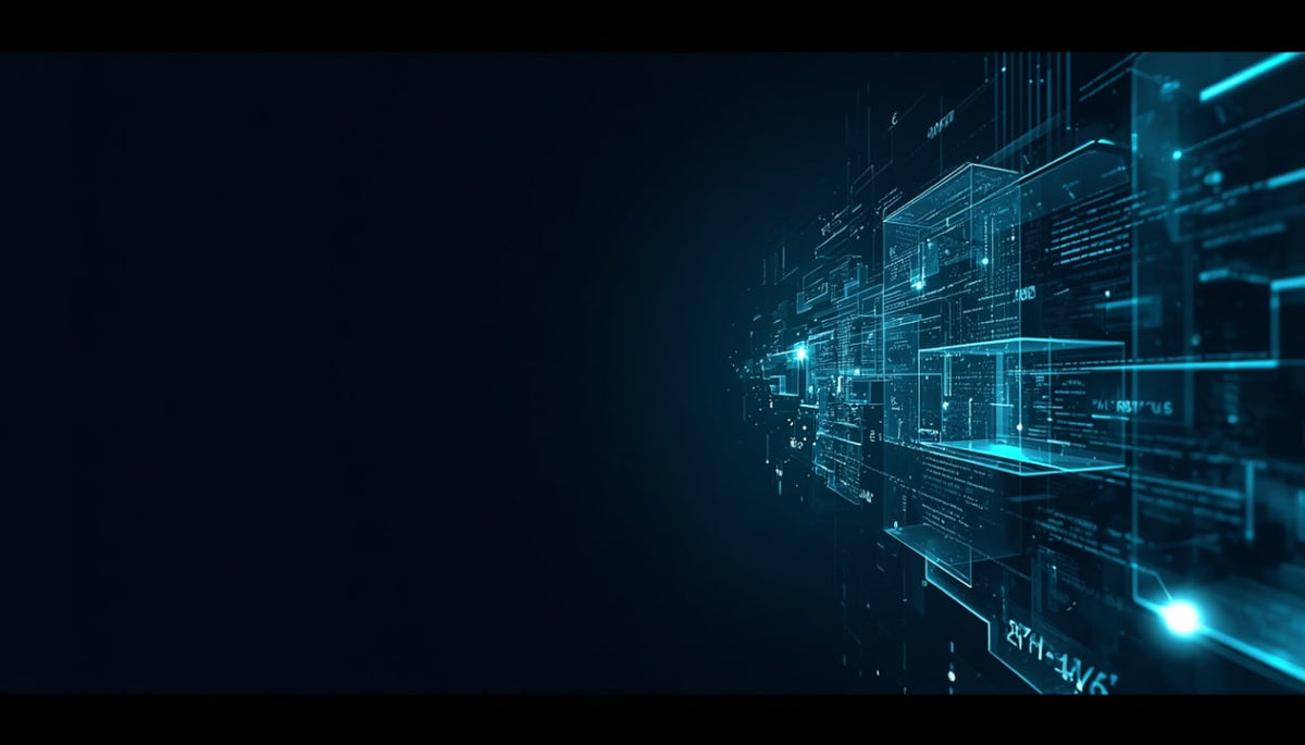 Digital abstract background with glowing cyan and blue futuristic geometric panels, data lines, and interface elements on a dark navy background.