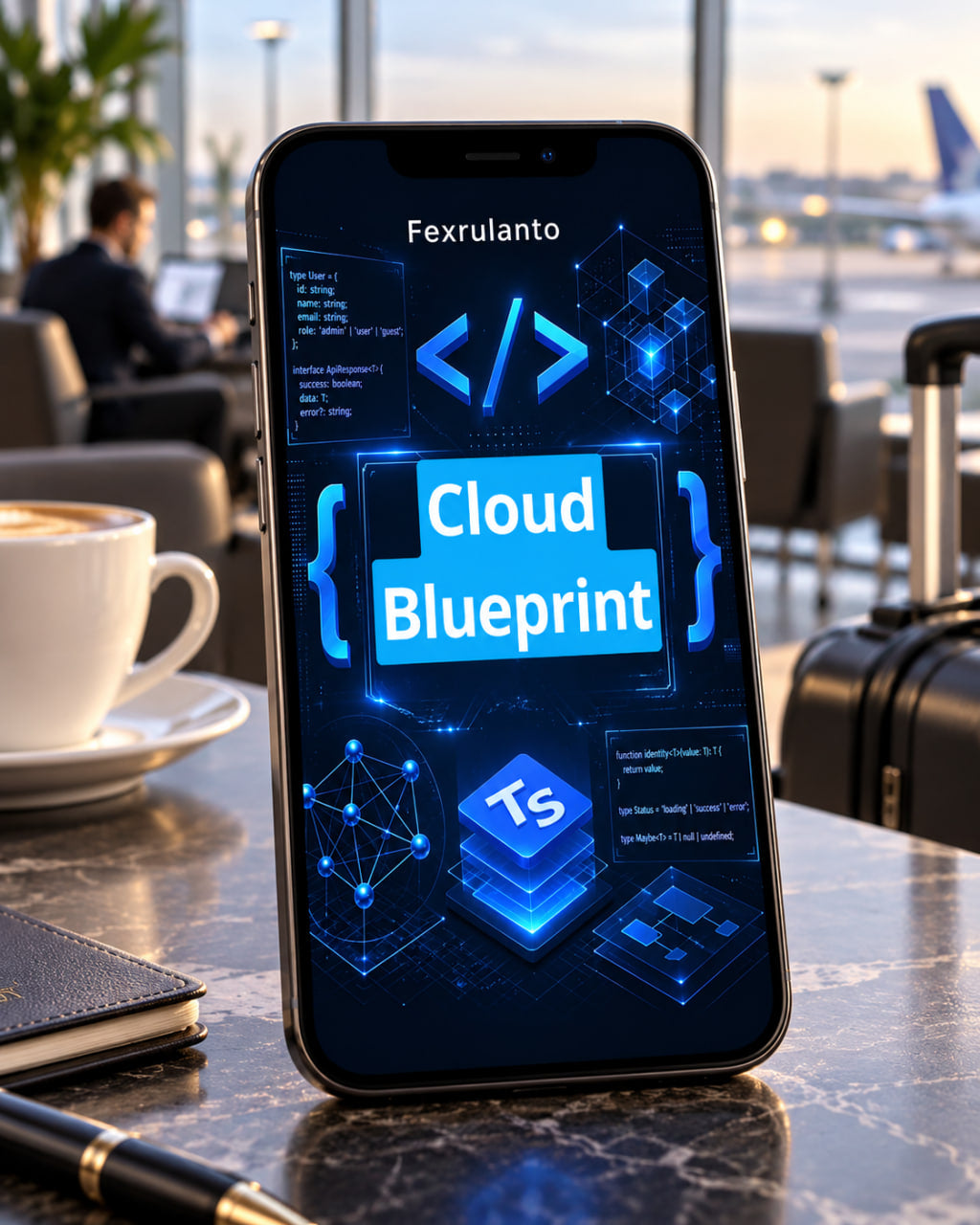 A smartphone standing on a marble table in a cafe or office setting, displaying a glowing blue 'Cloud Blueprint' interface with code symbols and a TypeScript icon. A coffee cup, notebook, and suitcase are visible in the background.