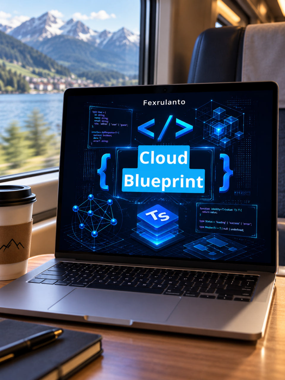 A laptop on a wooden desk by a window showing a mountain lake landscape. The laptop screen displays a blue digital interface with the text 'Cloud Blueprint' and 'Fexrulanto ', alongside TypeScript icons.