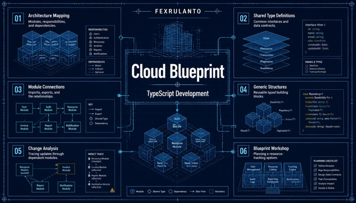 A dark blue technical infographic titled 'Cloud Blueprint' with multiple labeled sections about TypeScript development, including architecture mapping, module connections, change analysis, generic structures, shared type definitions, and blueprint workshop diagrams.