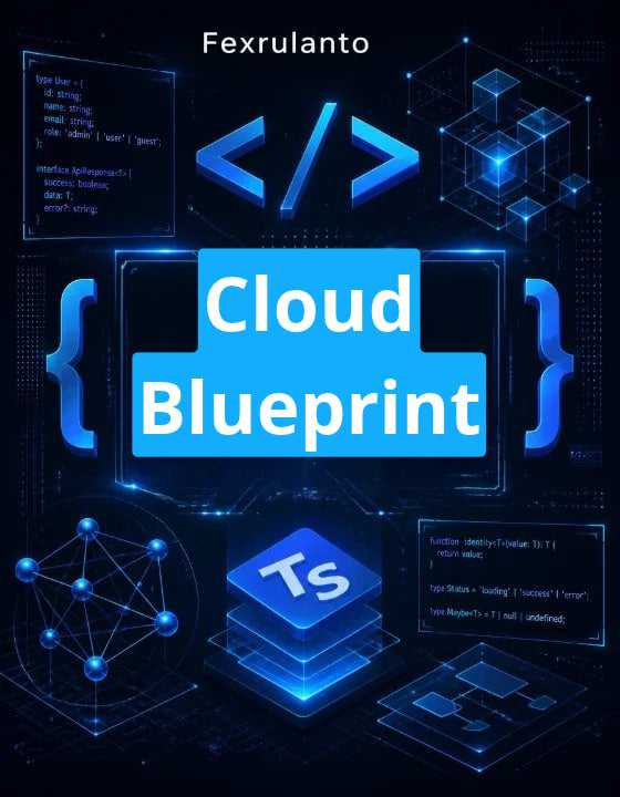 Digital cover graphic for 'Cloud Blueprint' by Fexrulanto , featuring a dark blue and black tech background with glowing blue code brackets, a central blue title card, a TypeScript 'Ts' icon, and abstract digital network and server illustrations.