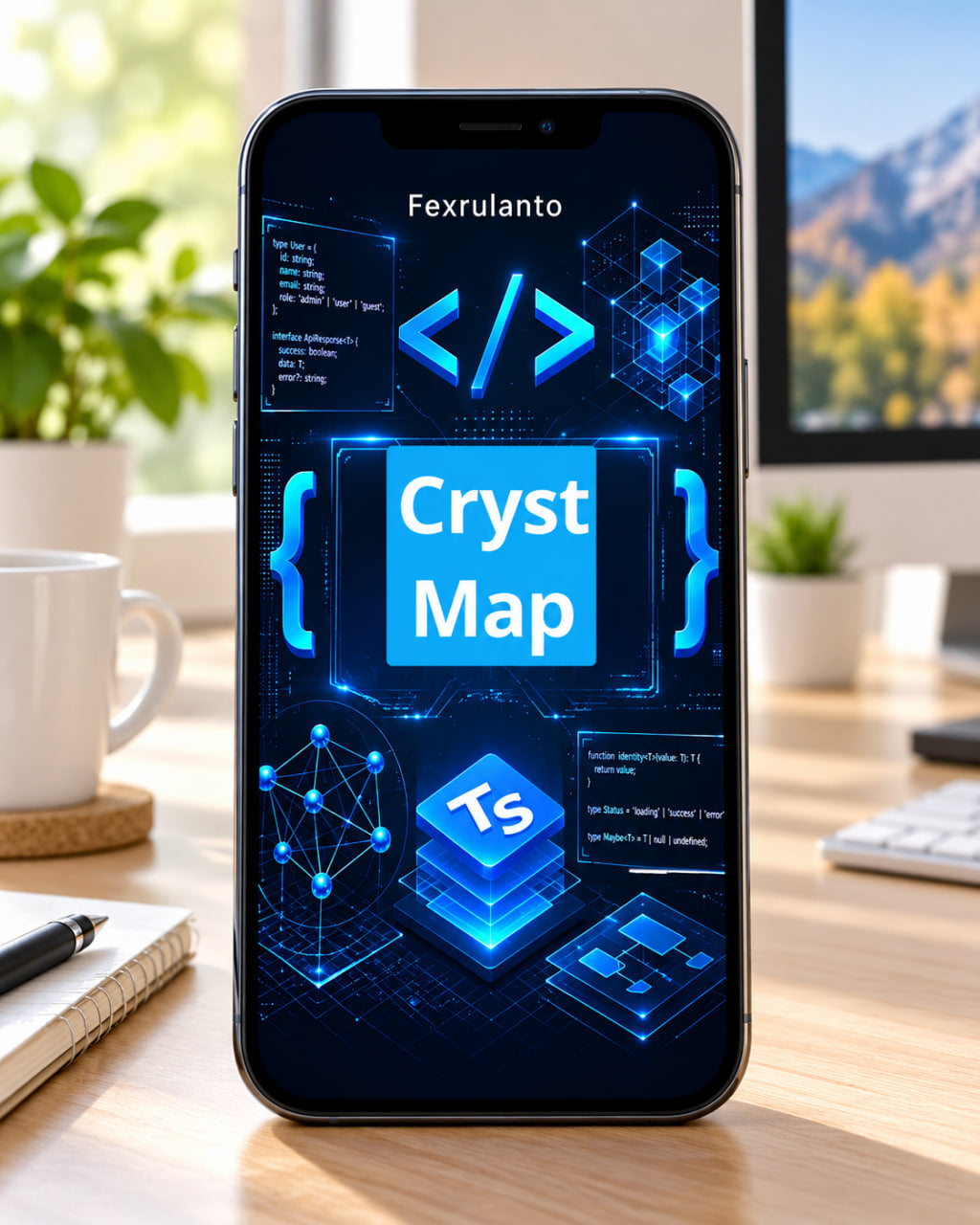 A smartphone standing upright on a wooden desk, displaying a glowing blue digital interface titled "Cryst Map" with code-style graphics and a TypeScript icon. The phone is photographed in a bright office setting with a mug, notebook, plants, and a computer monitor in the background.