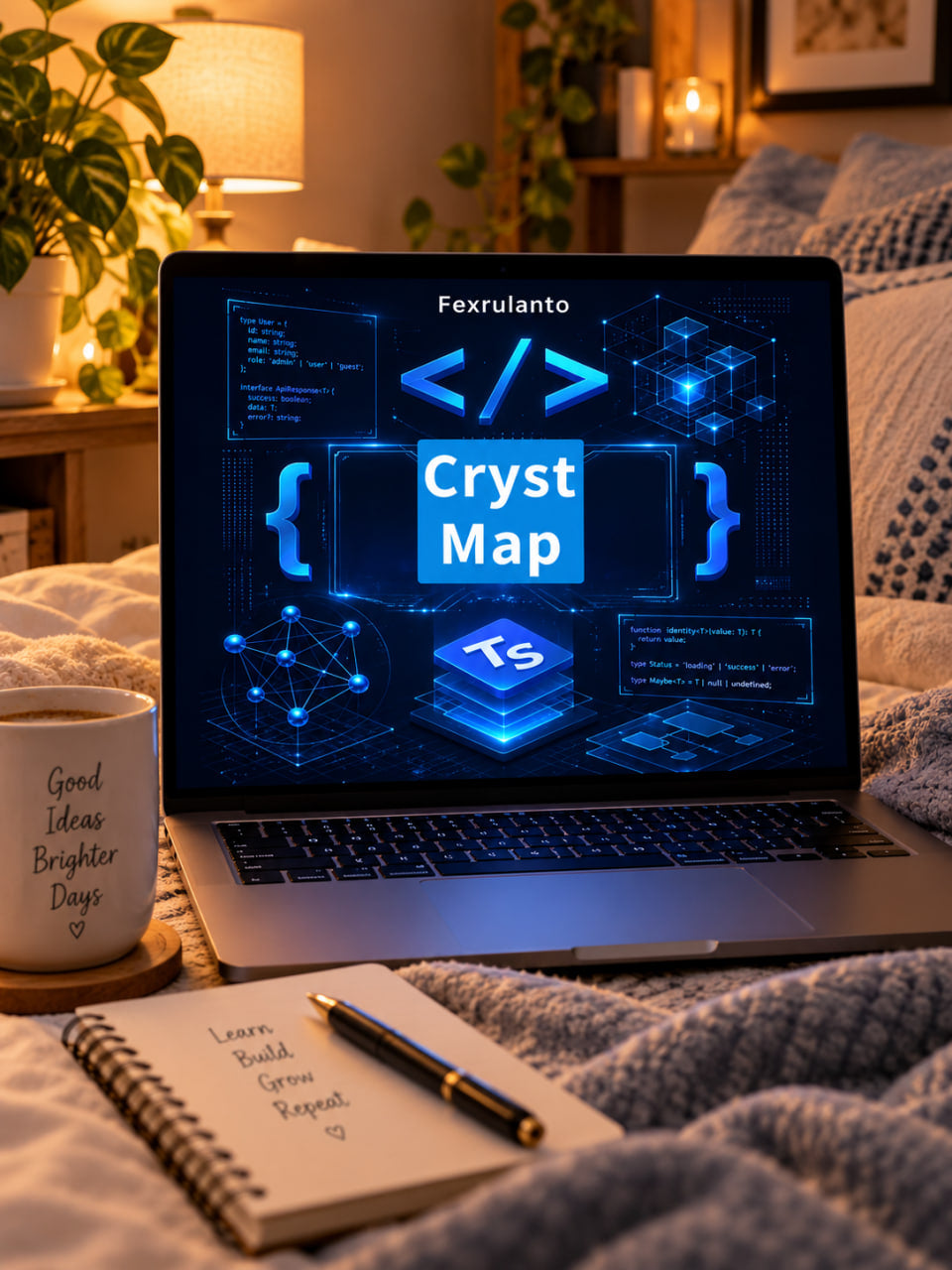 A laptop on a cozy bed displays a glowing digital interface with the text 'Fexrulanto ' and 'Cryst Map' in blue code graphics. A coffee mug, notebook, and pen are arranged nearby in a warm, softly lit bedroom setting.