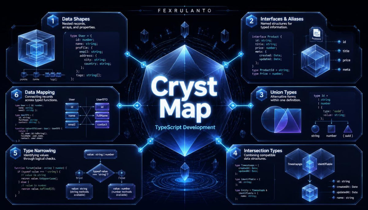 A digital infographic titled 'Cryst Map TypeScript Development' by Fexrulanto , featuring a glowing central crystal structure surrounded by eight dark blue panels detailing TypeScript concepts like data shapes, interfaces, data mapping, union types, type narrowing, intersection types, and code examples.
