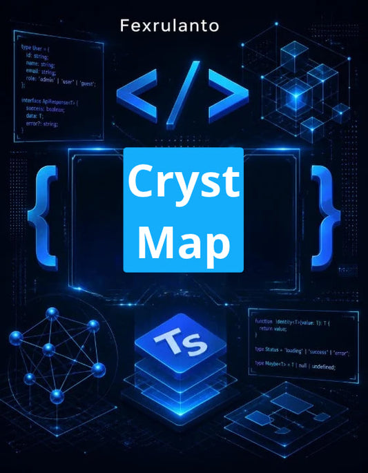 Digital cover graphic for 'Cryst Map' by Fexrulanto, featuring a central blue title block with code-style syntax and interface elements on a dark blue tech-themed background.