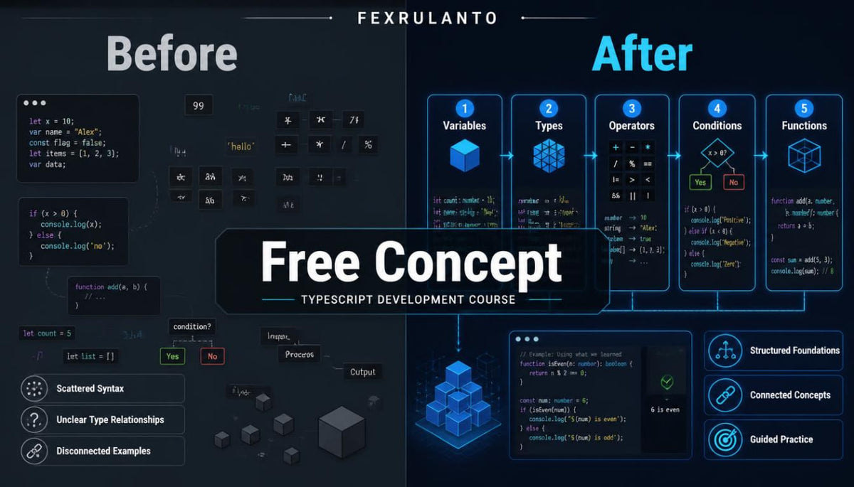 Promotional graphic for a 'Free Concept Typescript Development Course' by Fexrulanto , showing a dark-themed 'Before' and 'After' comparison of JavaScript/TypeScript coding concepts, with code snippets, blocks, and diagrams.