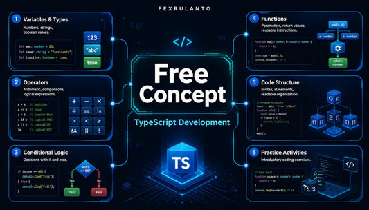 A digital promotional graphic for a TypeScript development course titled 'Free Concept' by Fexrulanto . The design features a dark blue and black background with glowing blue circuit board lines and six labeled panels detailing topics like variables and types, operators, conditional logic, functions, code structure, and practice activities.