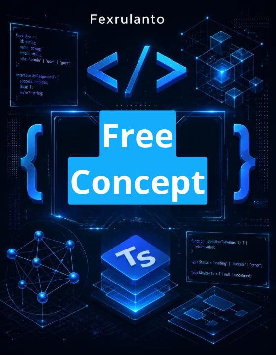 Digital graphic with the text 'Fexrulanto ' at the top and 'Free Concept' in large blue letters at the center, surrounded by glowing blue tech icons, code snippets, and abstract digital illustrations on a dark background.
