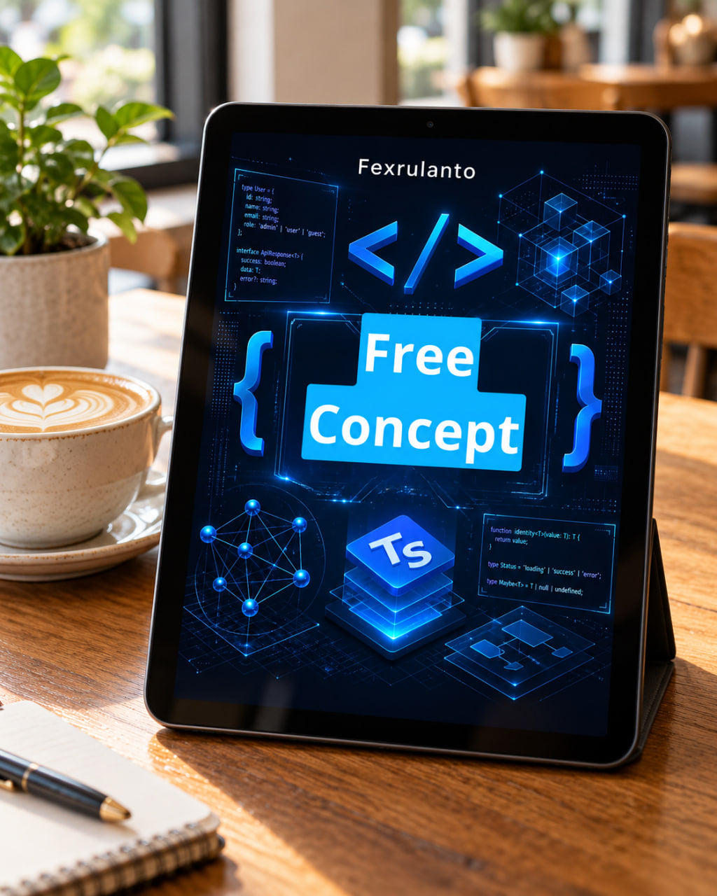 A tablet device on a wooden table in a cafe setting, displaying a futuristic blue digital interface with the text 'Free Concept' and code-style graphics. A cup of coffee, plant, and notebook are visible around it.
