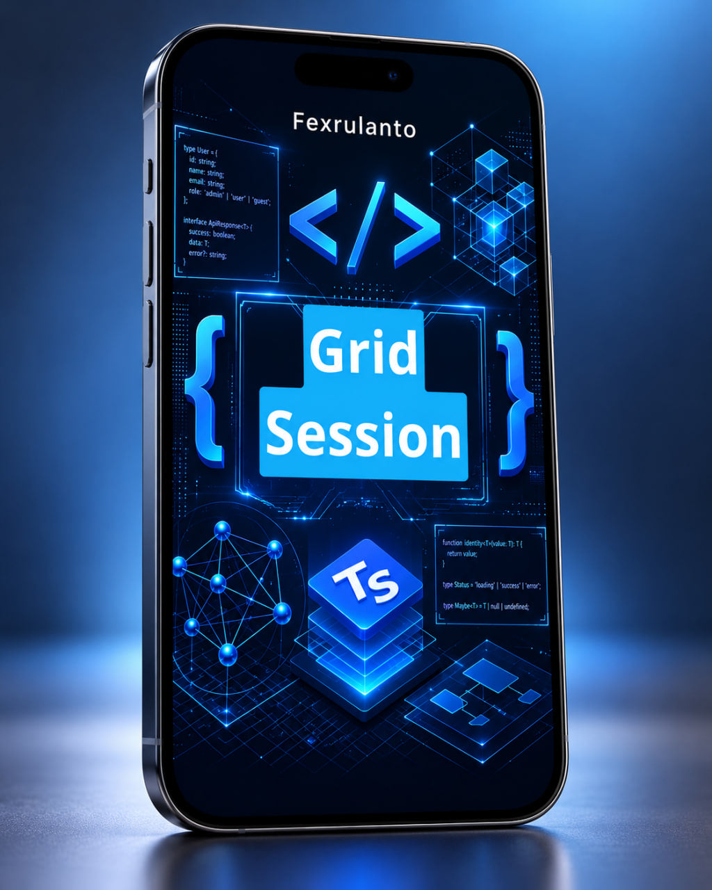 A smartphone shown upright on a reflective surface against a blue gradient background. The screen displays a glowing blue digital interface with the words 'Grid Session' and 'Fexrulanto ,' along with code-style panels and a TypeScript logo.