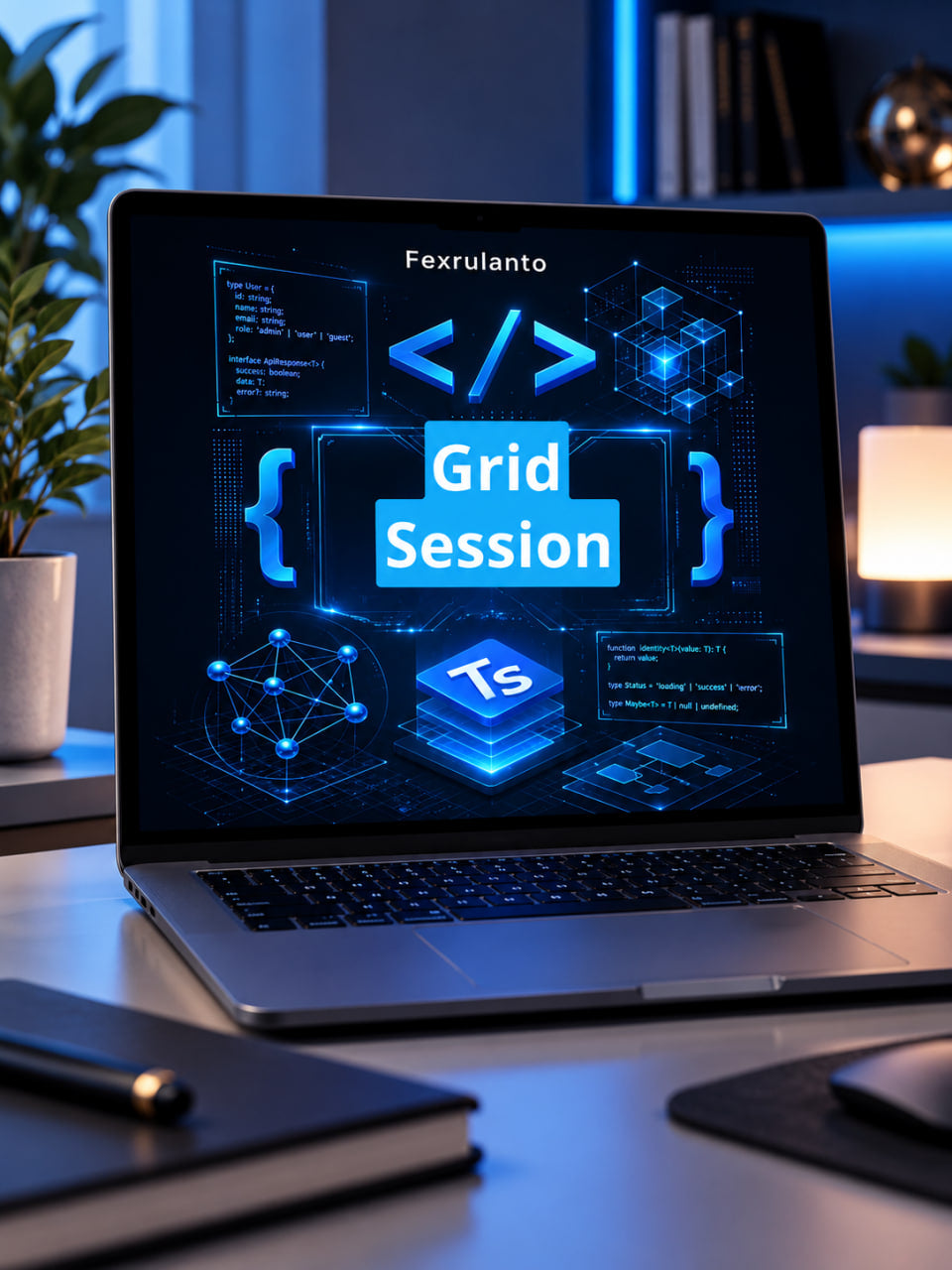 A laptop on a desk displaying a glowing blue digital interface with the text 'Grid Session' and 'Fexrulanto ' on the screen, surrounded by a blurred home office background with plants and ambient blue lighting.