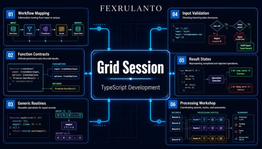 A dark blue infographic-style poster titled 'Grid Session TypeScript Development' by Fexrulanto , showing six numbered sections around a central 'Grid Session' panel with glowing blue lines and tech diagrams.