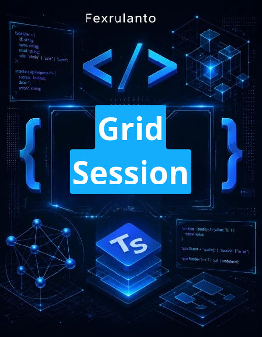 Digital promotional graphic for a 'Grid Session' by Fexrulanto , featuring a dark blue and black tech theme with glowing blue code brackets, a central blue 'Grid Session' title card, a TypeScript 'Ts' logo, and abstract digital network and cube graphics.