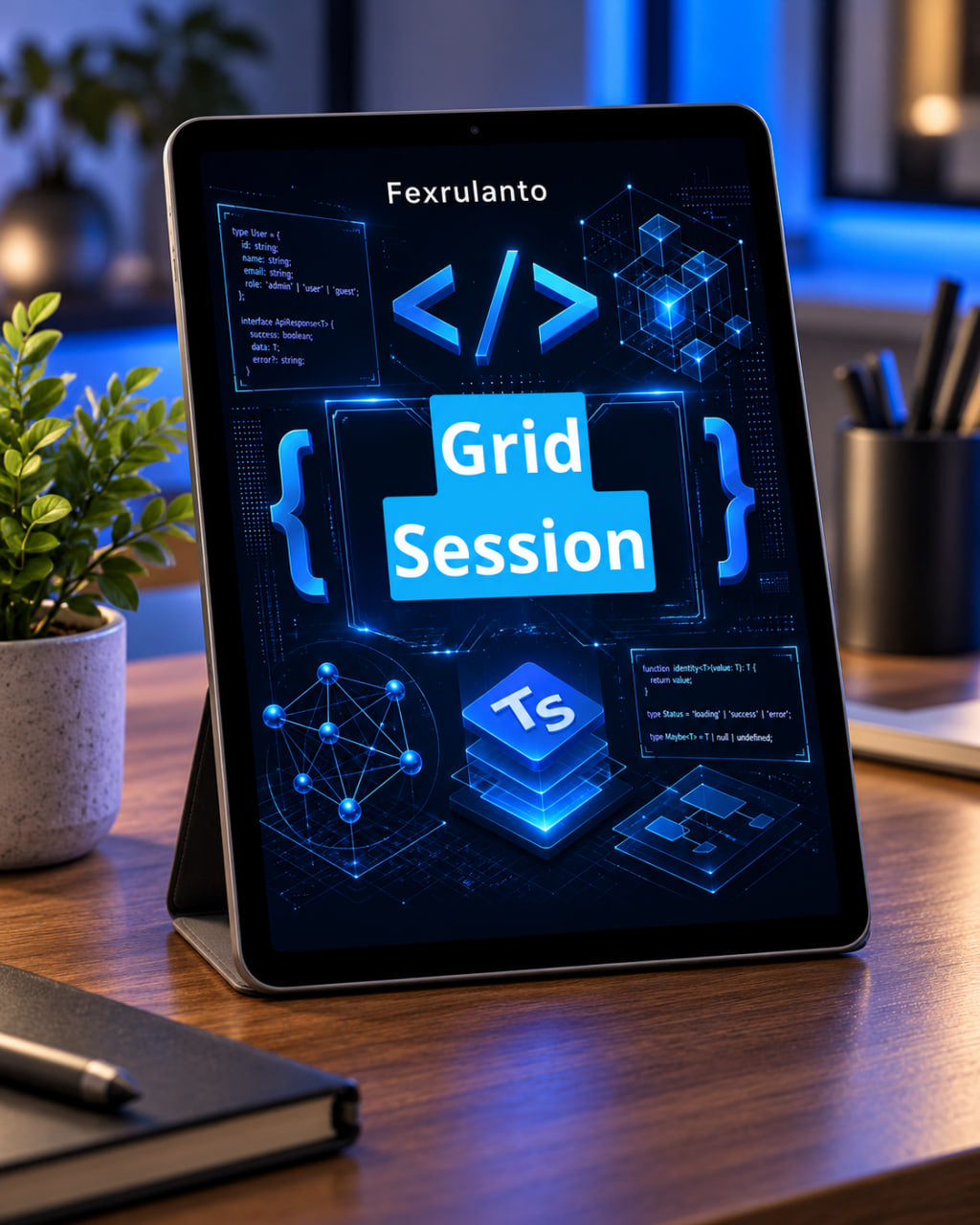 A tablet on a desk stand displaying a blue and black digital interface titled 'Grid Session' with code symbols and a TypeScript logo. The tablet is photographed in a real desk environment with a plant, notebook, and pen in the foreground and background.