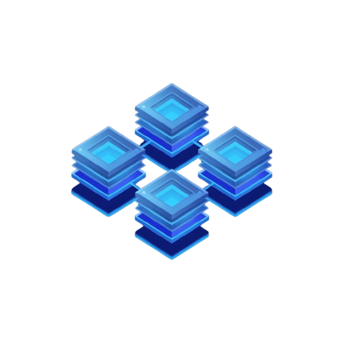 A stylized blue digital icon showing four stacked square layers arranged in a cross-like cluster on a plain white background.
