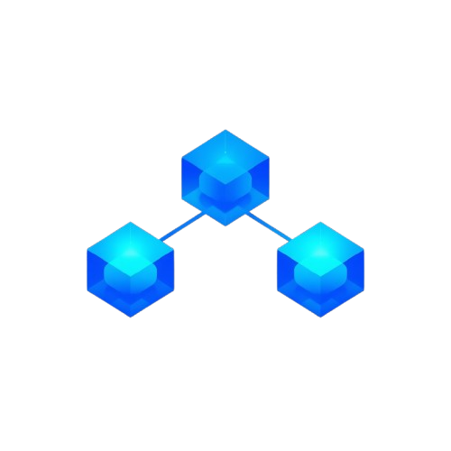 Three glowing blue 3D cube-like nodes connected by thin blue lines on a plain white background.