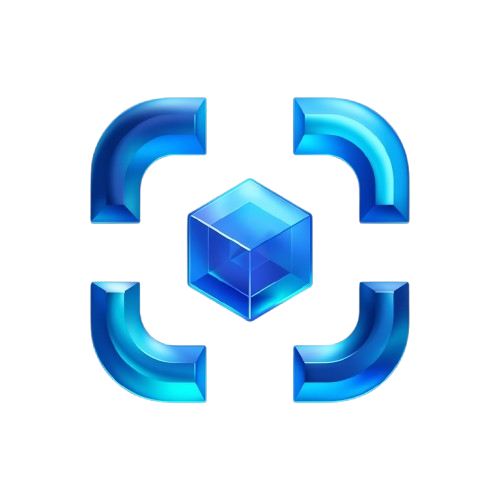 A blue 3D digital graphic featuring a central translucent cube surrounded by four curved bracket-like shapes, isolated on a solid black background.