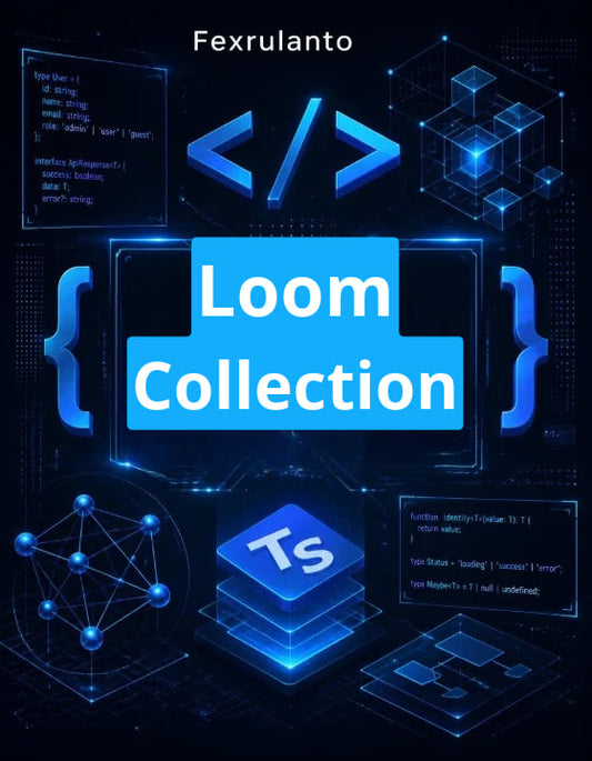 Digital promotional graphic for 'Loom Collection' by Fexrulanto , featuring a dark blue and black tech-themed background with glowing blue code brackets, a TypeScript icon, and abstract digital architecture elements.