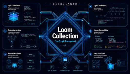 A dark blue and black infographic-style poster titled 'Loom Collection' with 'TypeScript Development' beneath it. The design features a central glowing blue geometric emblem and six numbered callout panels around it, including topics like type composition, generic constraints, module boundaries, async coordination, change compatibility, and integration studio.