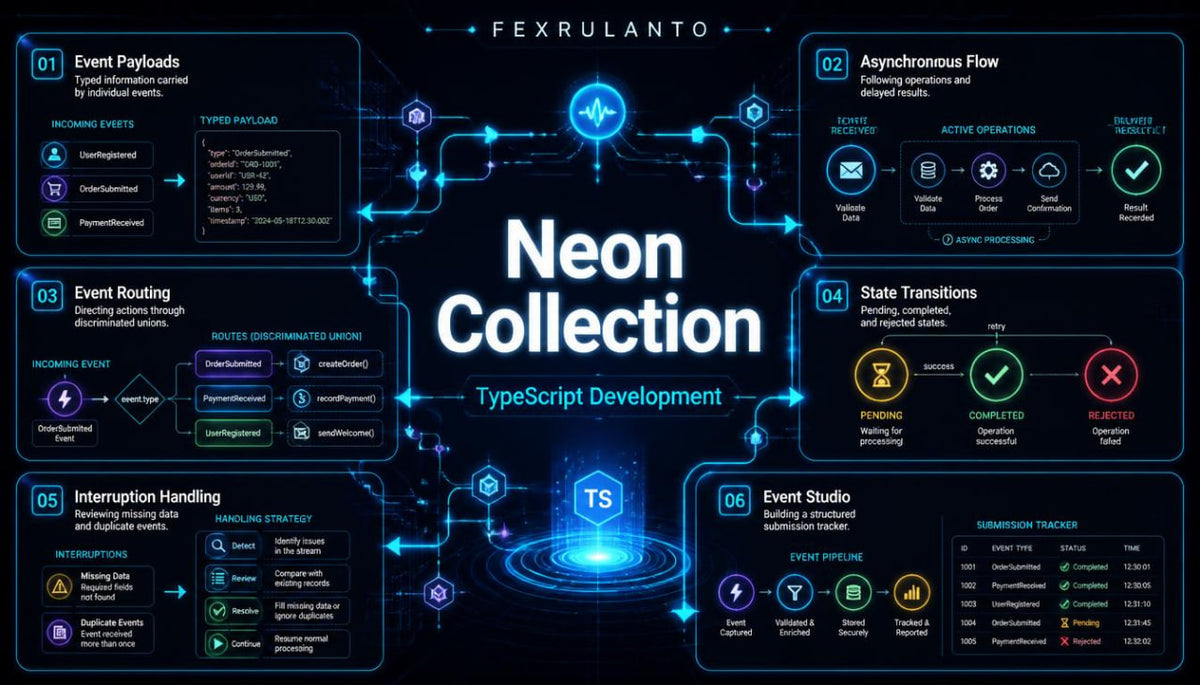 A digital infographic poster titled 'Neon Collection' for TypeScript development, featuring a dark blue and black background with glowing neon blue and yellow technical diagrams, flowcharts, and code snippets.