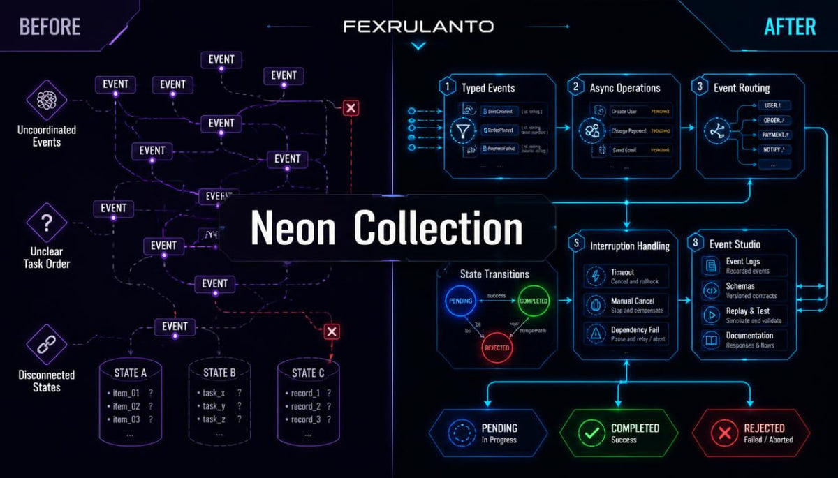 A digital infographic titled 'Neon Collection' by Fexrulanto , comparing 'BEFORE' and 'AFTER' states of event management workflows, using a dark background with glowing neon blue, green, and red interface elements.