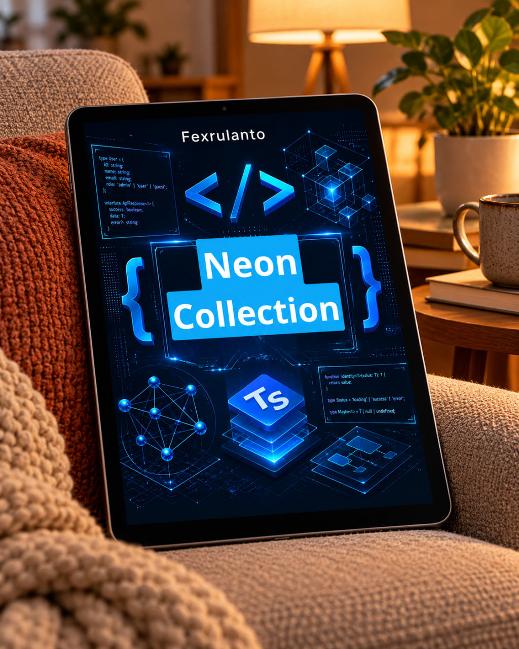A tablet device resting on a beige armchair in a cozy living room setting, displaying a futuristic blue digital interface titled 'Fexrulanto Neon Collection'.