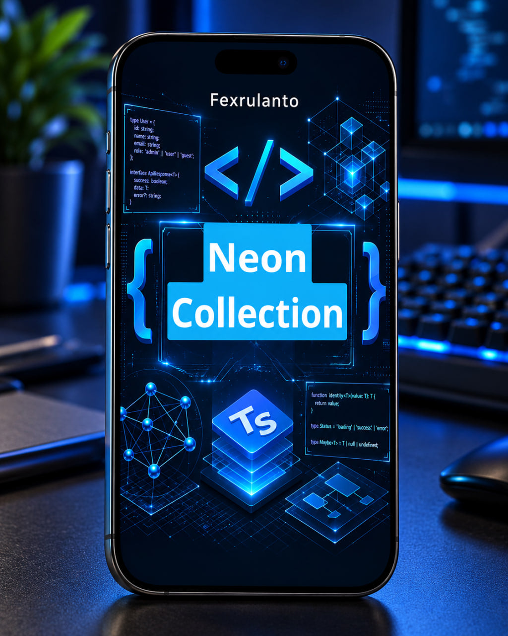 A smartphone displayed upright on a desk, showing a glowing blue and black digital interface with the text 'Neon Collection' and a TypeScript icon. The phone is photographed in a modern workspace setting with a keyboard, mouse, and monitor blurred in the background.