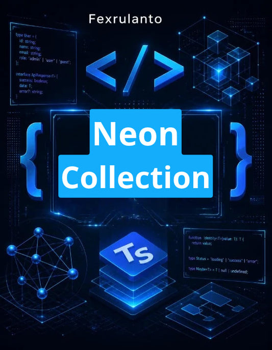 Digital cover graphic for 'Neon Collection' by Fexrulanto , featuring a dark blue and black background with glowing neon blue code symbols, a TypeScript 'Ts' logo, and abstract 3D geometric elements.