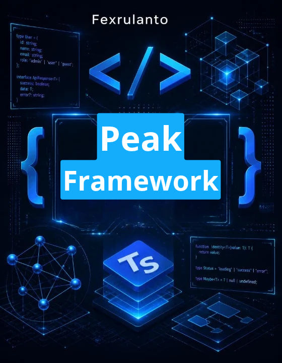 Digital promotional graphic for 'Peak Framework' by Fexrulanto , featuring a dark blue and black futuristic tech background with glowing blue UI elements, code snippets, a stylized 'Ts' icon, and the text 'Peak Framework' in the center.
