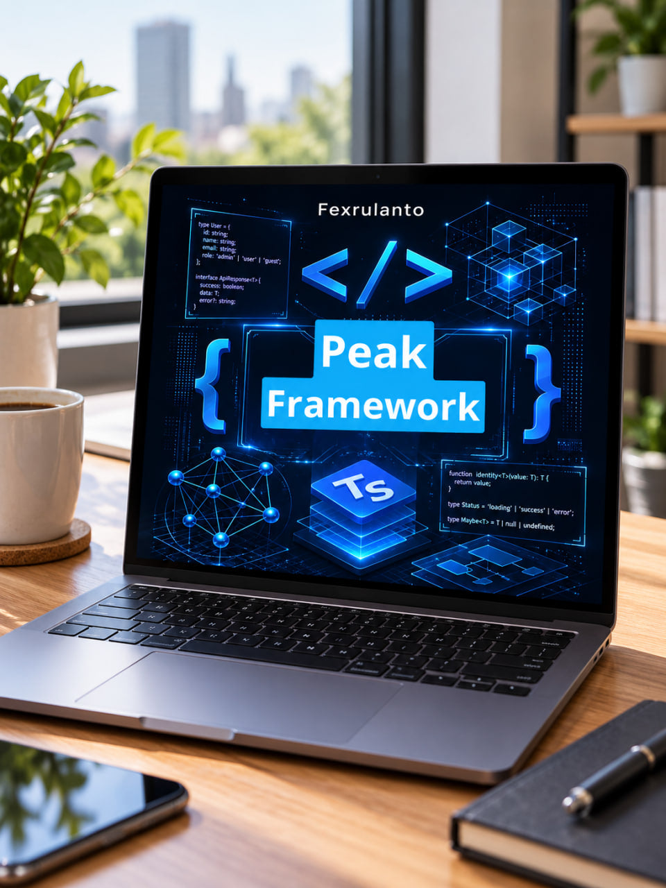 A laptop on a wooden desk displaying a digital graphic for 'Peak Framework' with TypeScript iconography. The laptop is set in a bright, modern workspace with a window view, a potted plant, a coffee mug, and a notebook nearby.